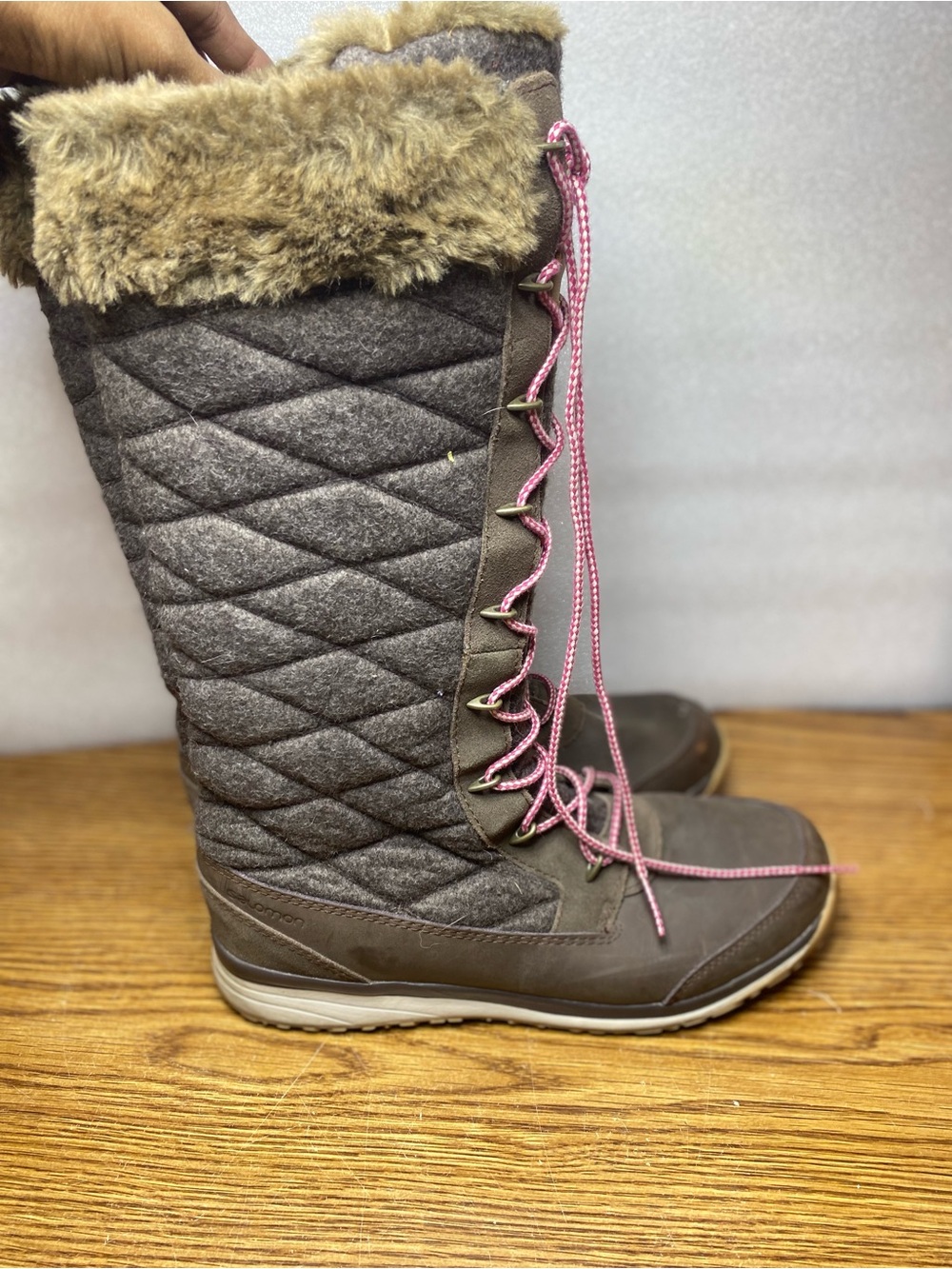Salomon Hime High Brown Quilted Winter Boots Women Size 9.5 Faux Fur Tall Causal